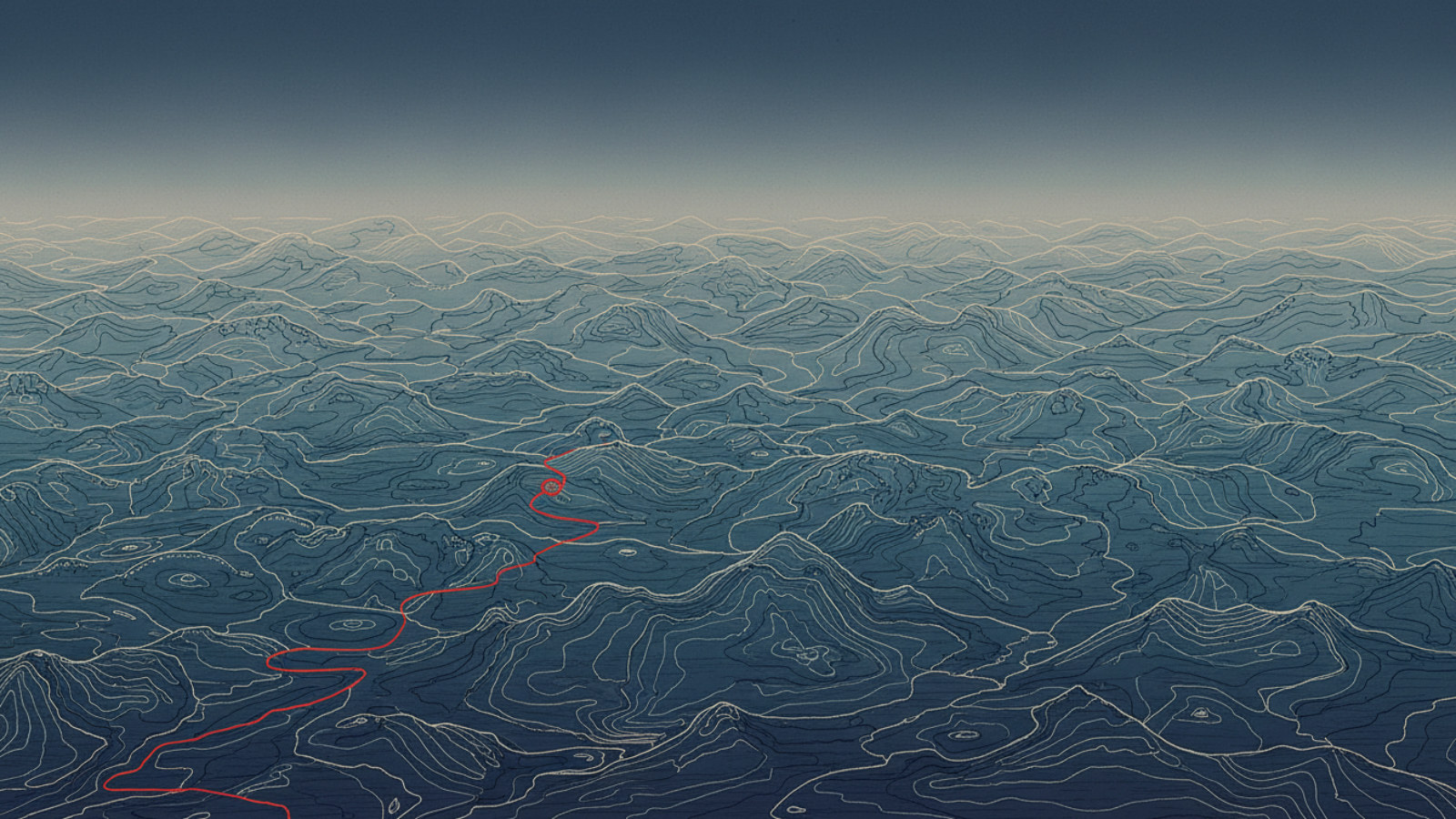 Illustrated contour field of memory nodes with one vermillion path reaching a central node.