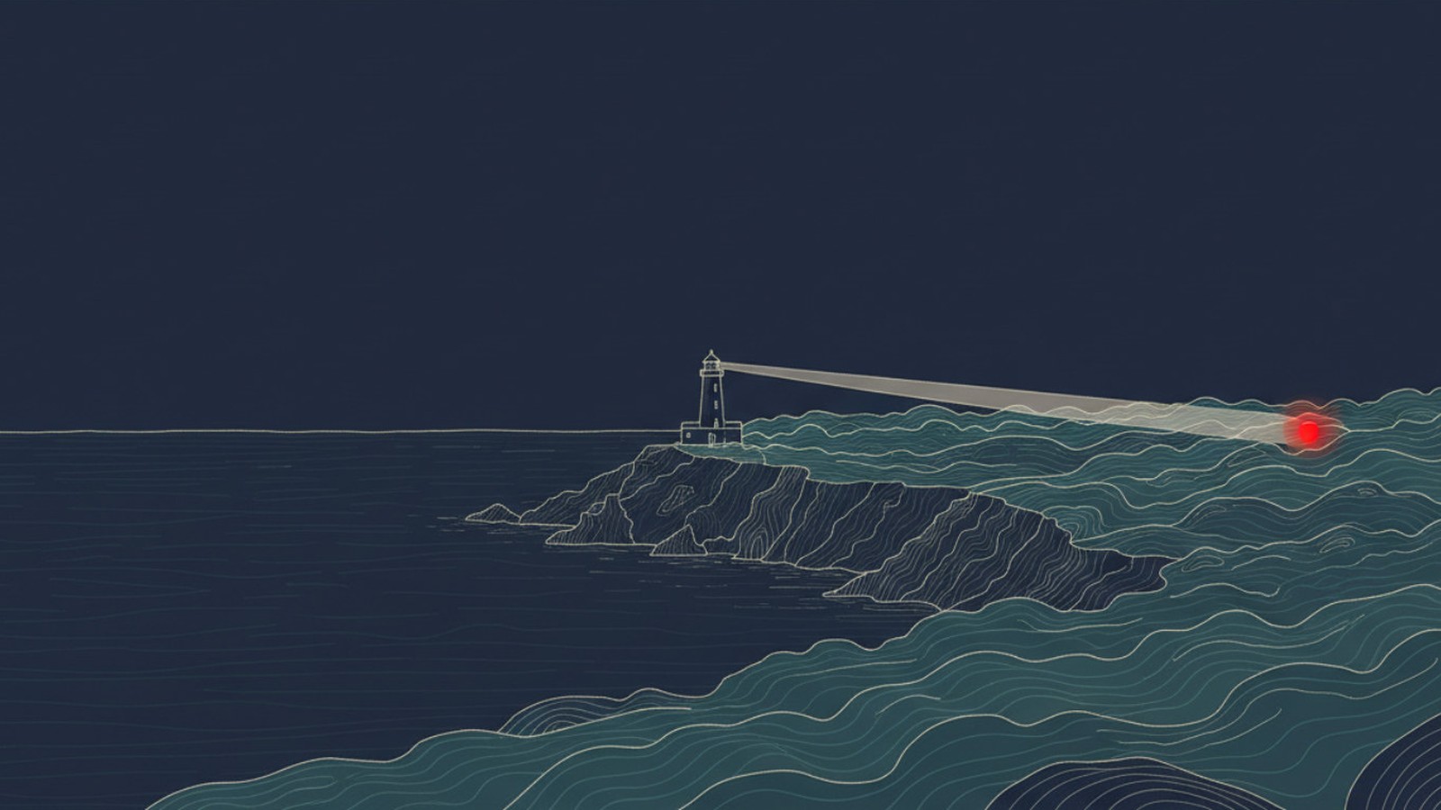 Contour-line illustration of a lighthouse beam reaching past fog to a single vermillion point of light.